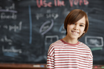 Medium closeup portrait of cheerful Caucasian boy standing against blackboard in classroom smiling...