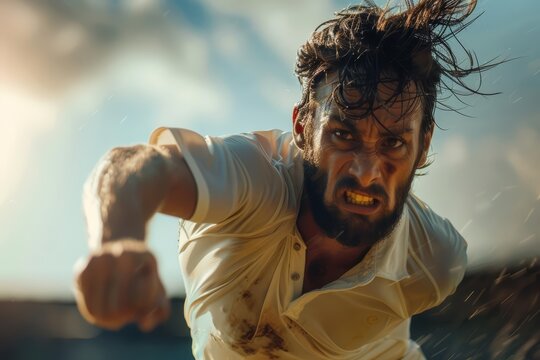 A closeup of a cricket player bowling a fast ball, his expression fierce, with a blurry stadium background, hitech HUD concept, cinematic look, and sharpened with copy space