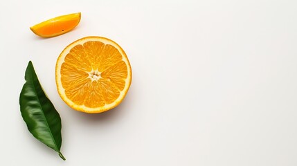 Fototapeta premium Orange with leaf on a white background : Generative AI