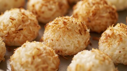 A tray of chewy and irresistible macaroons coated in a generous layer of toasted coconut flakes.