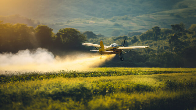 agricultural plane spraying pesticides over green plantation field