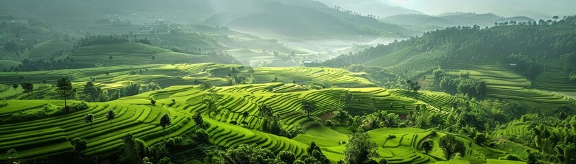 Vast and beautiful green hills fill the landscape dotted with long lush green trees 
