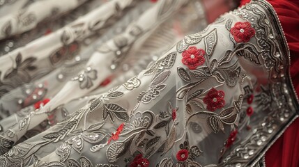  a white and silver embroidered fabric with red and pink floral designs.

