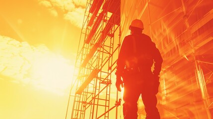 Crane engineer with safety gear close up, focus on, copy space striking tones, Double exposure silhouette with scaffolding