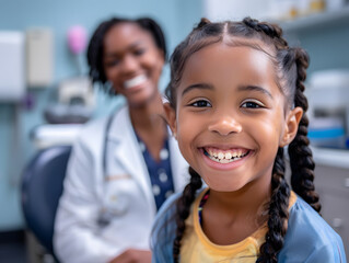 Obraz premium Doctor seated behind, young girl smiling at the camera in the foreground, during clinic or denral clinic visit.Healthcare professional check up, young patient girl smiling .