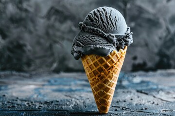 Black sesame ice cream in a cone on a dark gray background