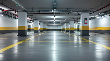 Empty underground parking garage with yellow and black markings, and well-lit environment. Modern, clean, and spacious indoor parking lot.