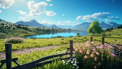 A stunning spring day landscaping views of fertile land surrounded beautiful green vegetation, wide stretches of hills and mountains with clear skies in spring