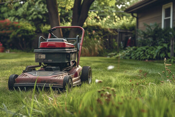 Lawn mower on green grass in a backyard garden with a house and trees in the background during a sunny day.
