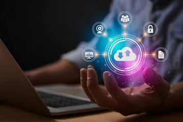 Blue Magenta Cloud Storage Network or Cloud Computing Technology Concept. Cloud,Graph,Lock,Document...