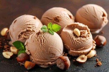 Nutella ice cream with hazelnut pieces on a dark brown background