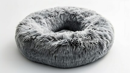 Grey soft round plush pet bed isolated on white : Generative AI