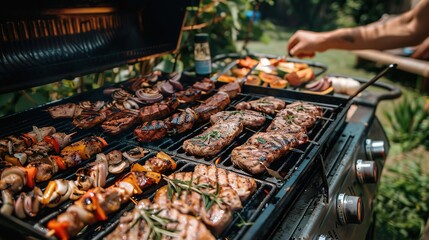 Grilling diverse meats and vegetables on a barbecue grill during an outdoor summer cookout in a lush garden setting.