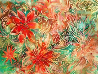Fototapeta premium Watercolor texture with intricate floral patterns in vibrant reds and greens