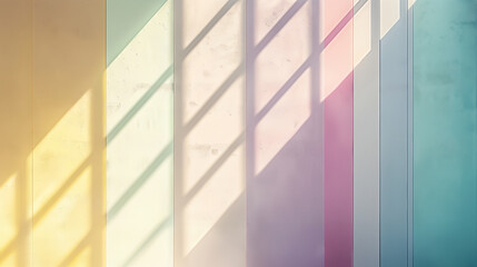 a pastel colored empty background, with sunlight streaming in, creating soft diagonal shadows and gradients, with vertical panels in shades of yellow, light green, pink, white, and blue