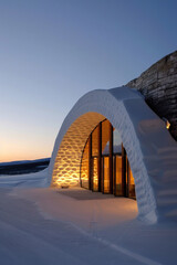 Exterior view of an ice hotel, featuring towering ice walls and illuminated ice windows.