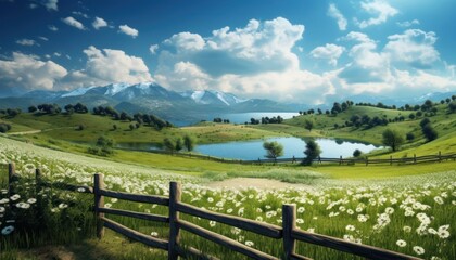 A stunning spring day landscaping views of fertile land surrounded beautiful green vegetation, wide stretches of hills and mountains with clear skies in spring