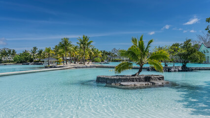 A relaxation area by the tropical swimming pool. The palm tree grows on an artificial islet. A...
