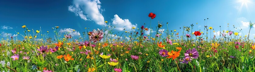 Fototapeta premium Vibrant wildflower meadow beneath a clear blue sky, showcasing colorful blossoms and bright sunshine in a panoramic landscape view.