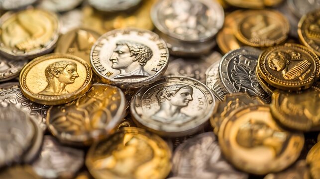 A treasure of Roman gold and silver coinsTrajan Decius AD 249251 AV AureusAncient coin of the Roman EmpireAuthentic  silver denarius antoninianusaureus of ancient RomeAntikvariat : Generative AI