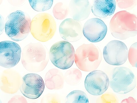 Whimsical watercolor polka dots in soft pastel shades, playful and lighthearted