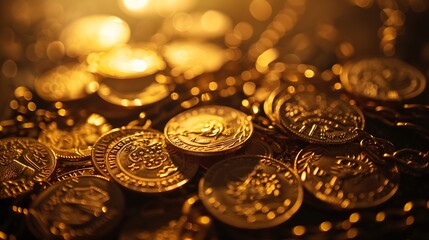 Gold coin histamenon 13th century Byzantium on the background of vintage gold coins and chains selective focus money abstraction : Generative AI