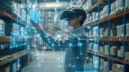 Obraz premium Logistikmitarbeiter trägt VR Brille um Logistikprozess zu verbessern Lagerlogistik optimieren mit Lagervernetzung zum Arbeitsplatz der Zukunft Generative AI