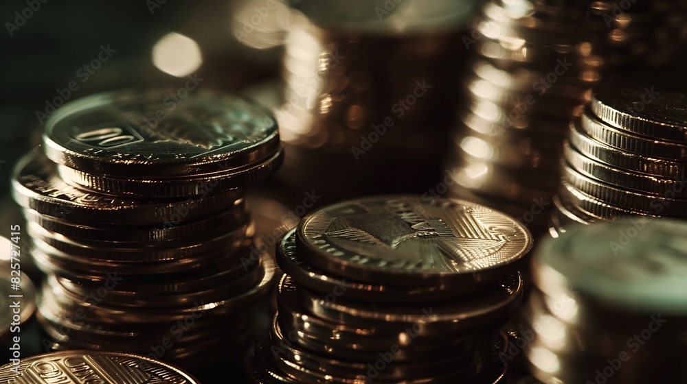Leinwandbilder close up stack of coin on table background and business or finance saving money : generative ai