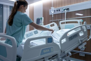 A detailed view of a nurse adjusting the settings on a hospital bed, ensuring the patient s comfort and safety