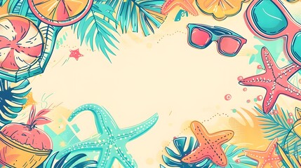 Vibrant Tropical Doodle Border Design with Blank Space for Summer Themed Mockup or Background