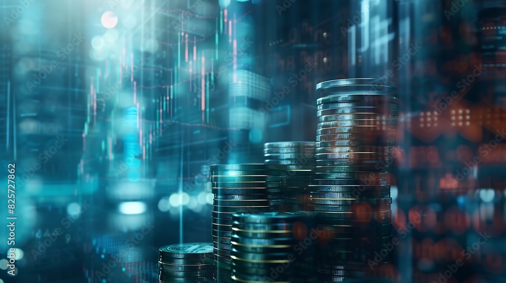 Poster double exposure image of coin stacks on technology financial graph backgroundeconomy trends backgrou