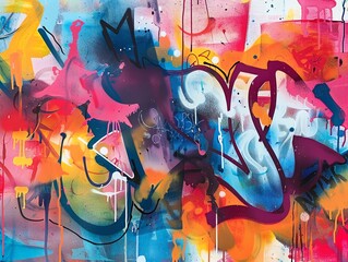 Vibrant watercolor street graffiti with bold tags and colorful murals, urban art