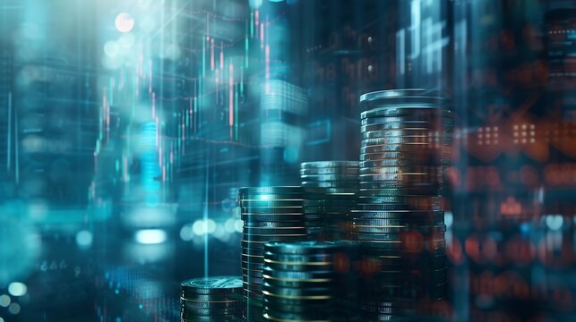 Double exposure image of coin stacks on technology financial graph backgroundEconomy trends background for business financial meltdown Cryptocurrency digital economy : Generative AI