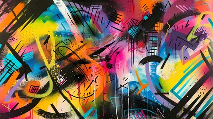 Energetic watercolor street art with chaotic patterns and intense colors, bold graffiti texture