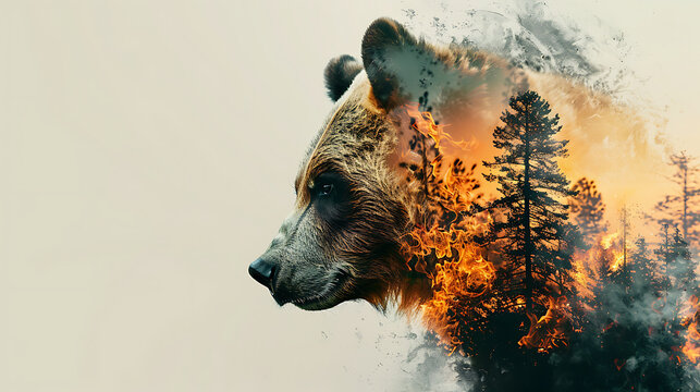 A double exposure combines the bear's face and wildfire problems. Generative AI illustration 