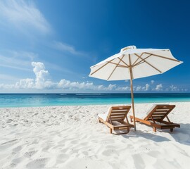 A pair of beach chairs and an umbrella on the white sand, with a clear blue sky in the background. The chairs are located near the ocean.