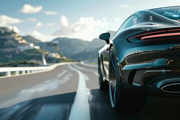 Close up of a luxury car driving on a scenic highway