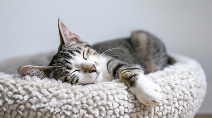 gray and white cat sleeping lying relaxing resting in a dog bed giant cat bed one hand amputated sleeping on a pillow pet ownership pet friendship concept : Generative AI