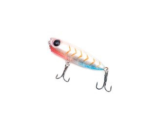 Picture of colorful fish shaped plug baits with 3 way hooks. Fishing equipment isolated on white...