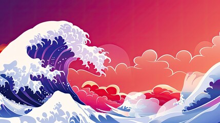 Colorful abstract illustration of ocean waves against a vibrant sunset sky, capturing the dynamic beauty of nature.