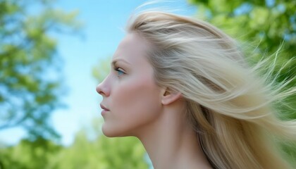 Naklejka premium 風に神をなびかせる金髪の女性