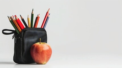 Pencil case with school stationery and apple on table against white background : Generative AI - Powered by Adobe