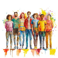 Obraz premium A watercolor illustration features a diverse group of LGBTQ+ individuals standing together in solidarity, depicted on a transparent background.