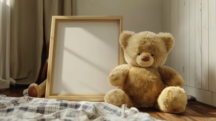 Frame mockup, empty picture frame with cute teddy bear and poster, 3D render