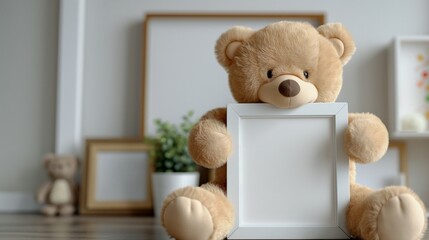 Frame mockup, empty picture frame with cute teddy bear and poster, 3D render