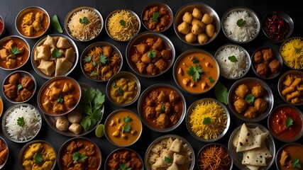Assorted indian food on black background.generative.ai