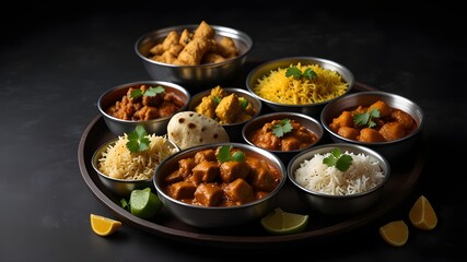Assorted indian food on black background.generative.ai