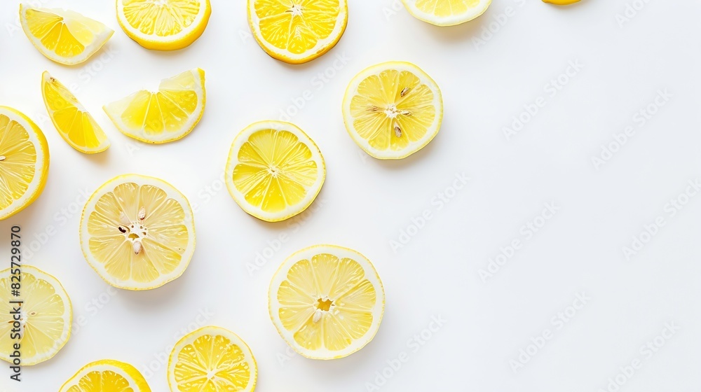 Poster Ripe lemon with slices isolated on white background with full depth of field Top view Flat lay : Generative AI