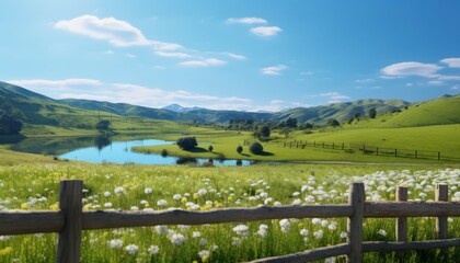 A stunning spring day landscaping views of fertile land surrounded beautiful green vegetation, wide stretches of hills and mountains with clear skies in spring