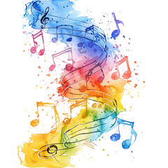 A watercolor illustration depicts a musical staff with notes in pride colors, symbolizing the harmony of diversity, on a transparent background.